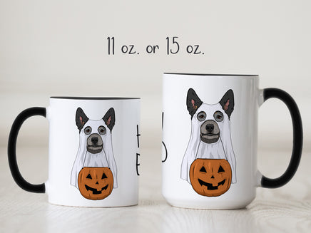Comparing 11 oz vs. 15 oz hey boo halloween ceramic mug blue heeler ghost dog