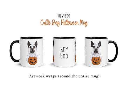 showing wrap around of artwork for the hey boo halloween ceramic mug blue heeler ghost dog