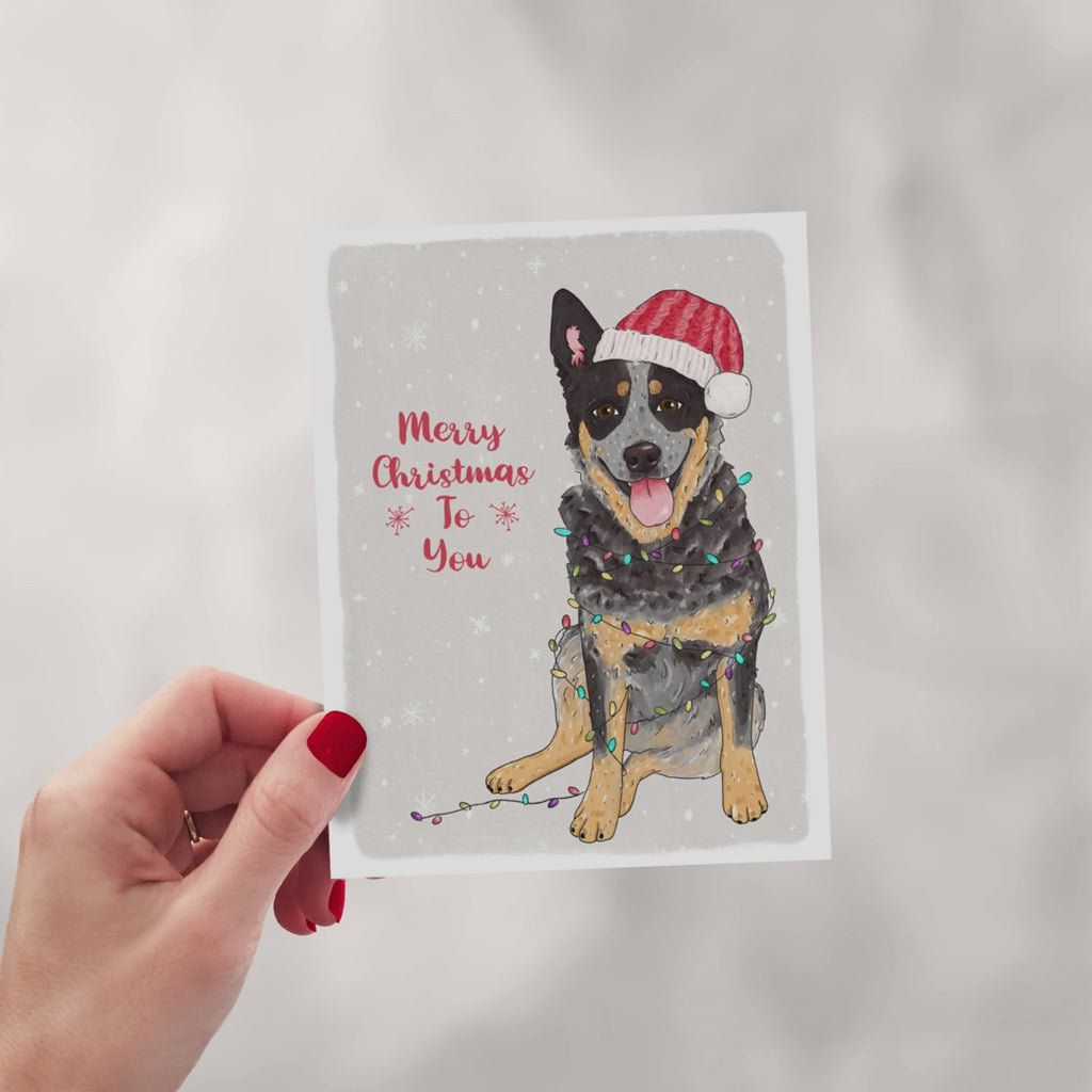 Set of eight blue and red heeler Christmas cards featuring Australian Cattle Dogs in festive holiday scenes, from reindeer costumes and Christmas lights to snowy winter adventures.