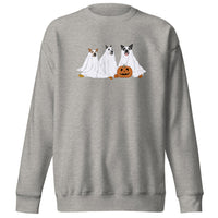A light grey soft crewneck unisex sweatshirt with three ghosts dog halloween design